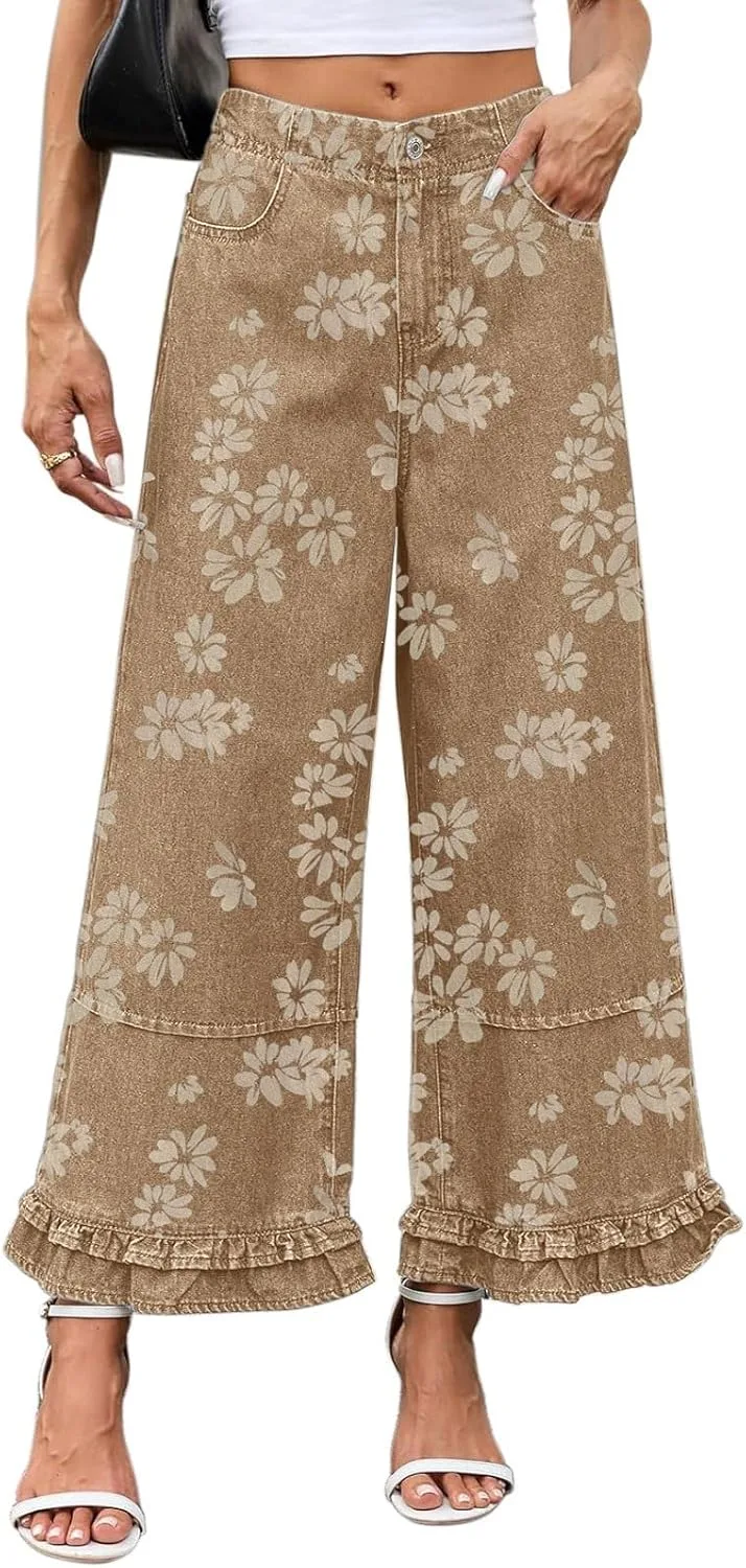 

CHARTOU Women Y2k джинсы с рюшами и цветочным принтом