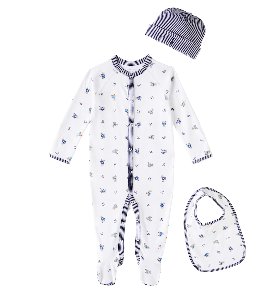 

Детский комплект из хлопкового боди, слюнявчика и шапочки Polo Ralph Lauren Kids, White Multi/Refined Navy Bind