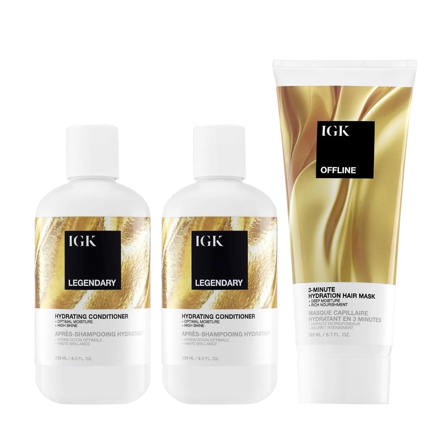 IGK Legendary Shampoo + Legendary Conditioner + Offline Hydration Mask - трио для очищения, увлажнения и восстановления волос, контроль пушистости, блеск и послушность, vegan и cruelty-free
