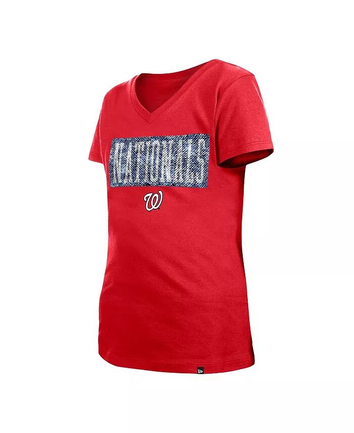 Футболка Big Girls Red Washington Nationals Flip Sequin Team с V-образным вырезом New Era — фото 3