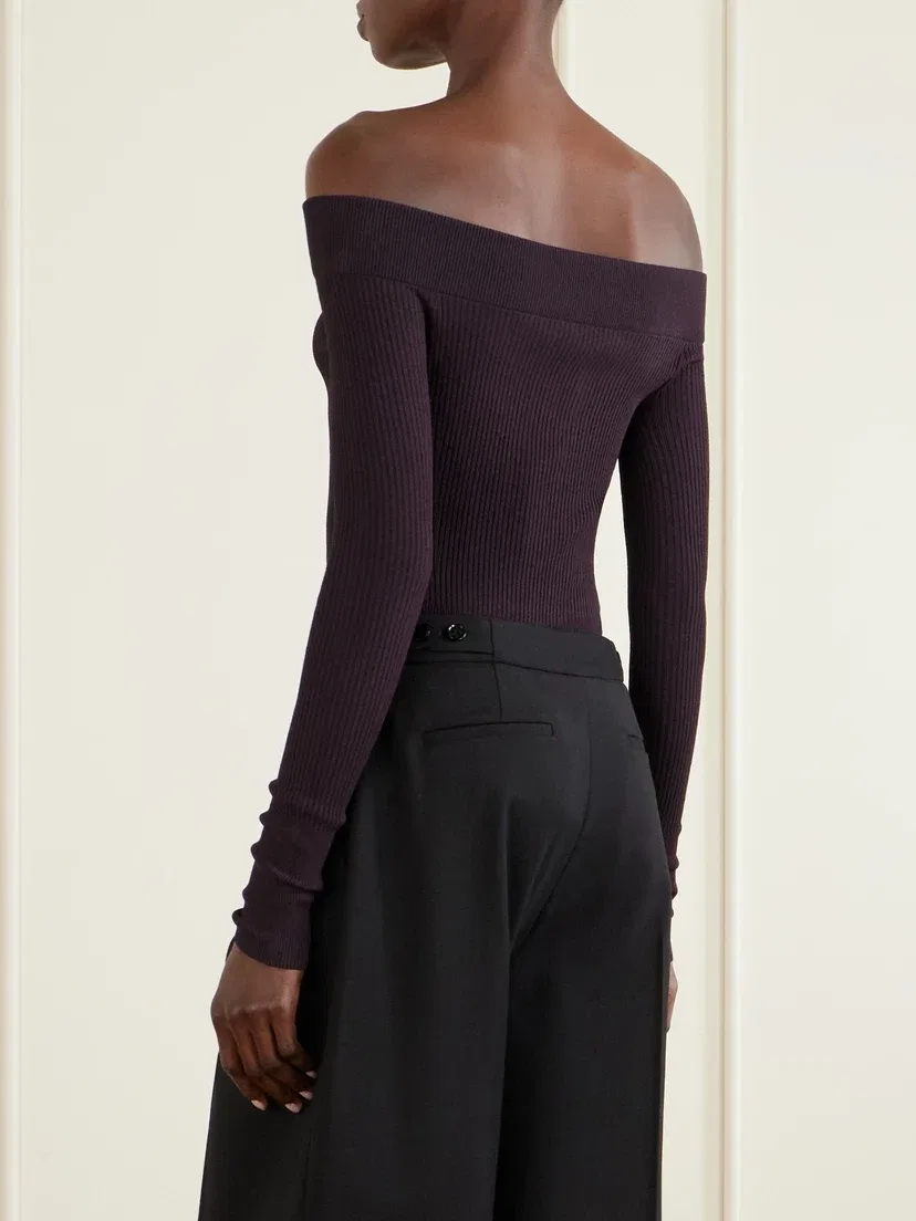 Боди крупной вязки с открытыми плечами Alaïa, фиолетовый — фото 3