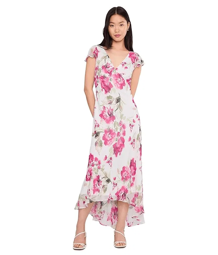 Платье миди с цветочным принтом Flutter Sleeve Chiffon Floral Aline Midi Calvin Klein, Rose Multi