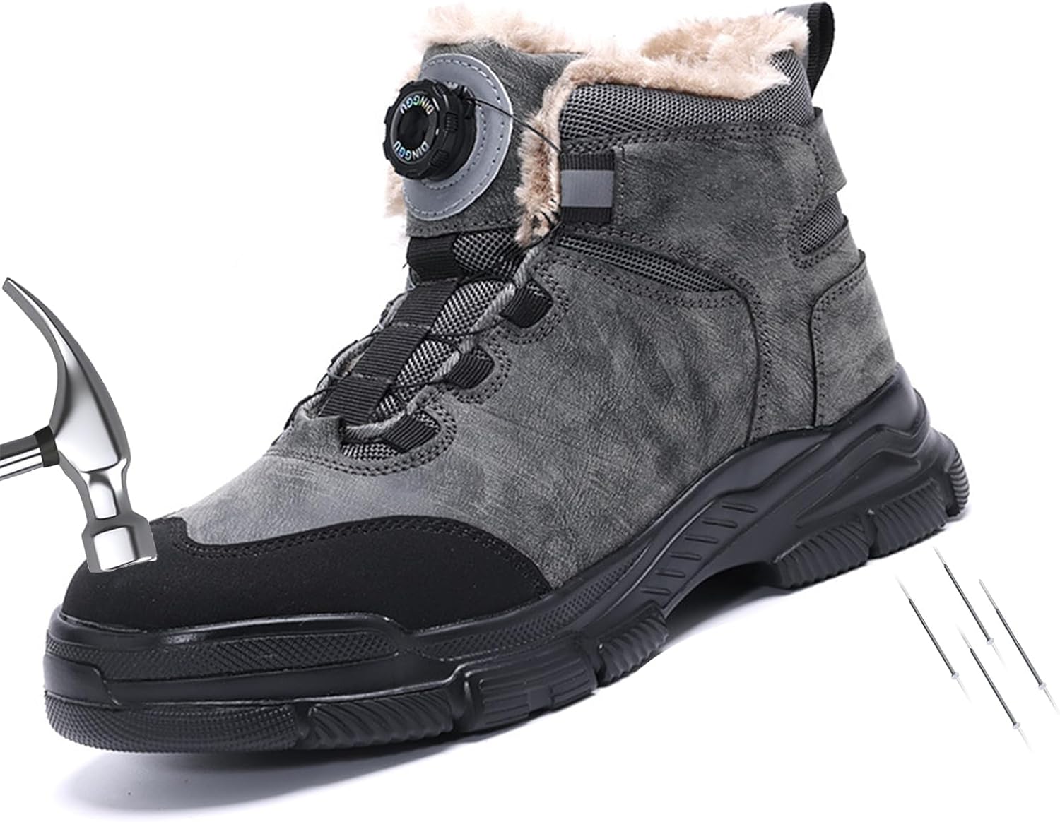 

Зимние ботинки с стальным носком для мужчин и женщин, противопрокольные, безопасные зимние ботинки с противоскользящей подошвой и застежкой на поворотный клапан Generic, серый