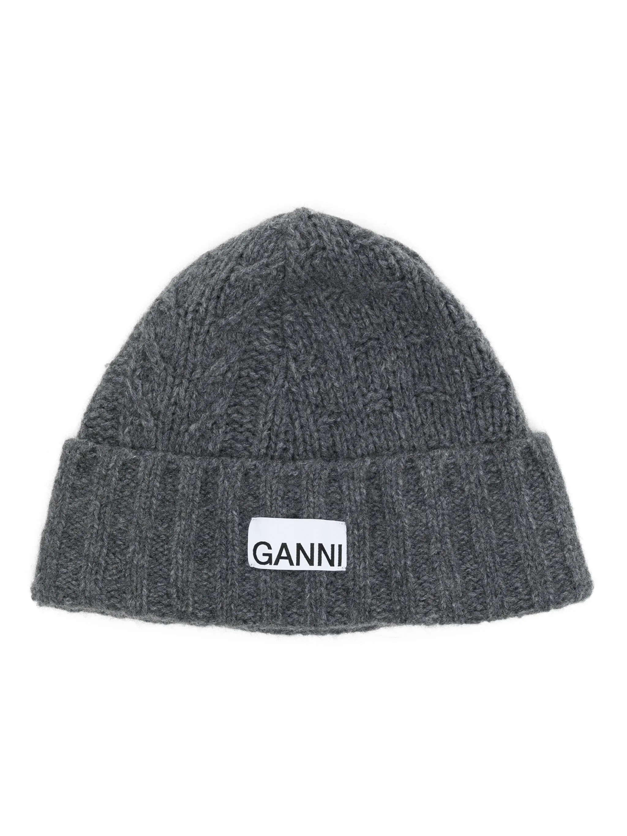 

Шапка бини в рубчик с нашивкой-логотипом Ganni, серый
