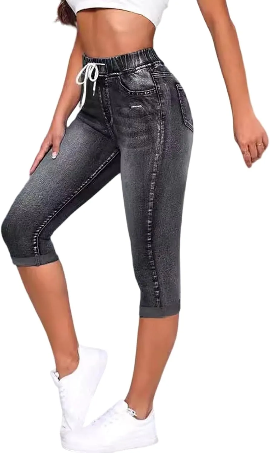 

Джинсы-капри для женщин Stretch Pull On с кулиской, высокие, облегающие