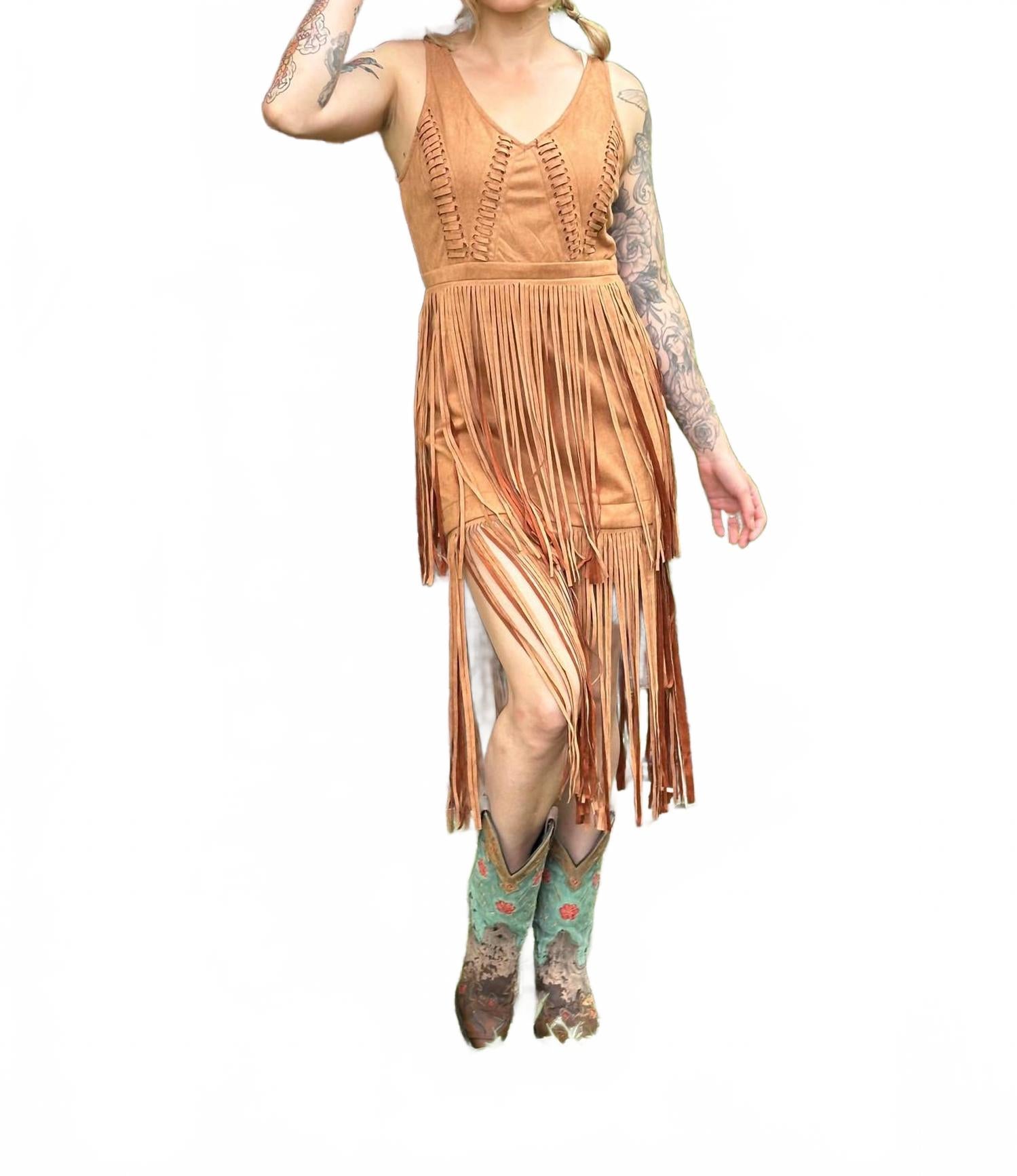 

Southern Fringe Suede Dress In Brown Gypsie Jane