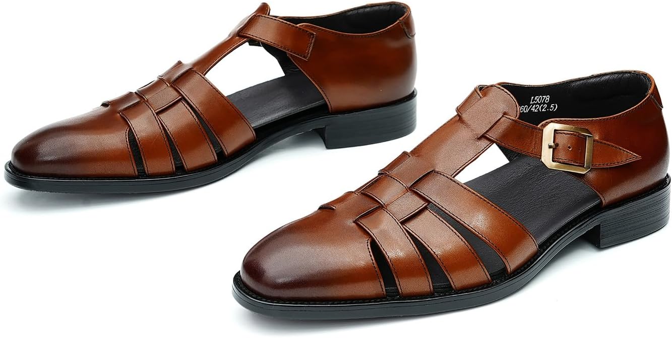 Сандалии Santimon Mens из кожи для мужчин - повседневная обувь, стильные модные летние сандалии-рыбаки с регулировкой пряжки и дышащие, для бизнеса, коричневый — фото 4