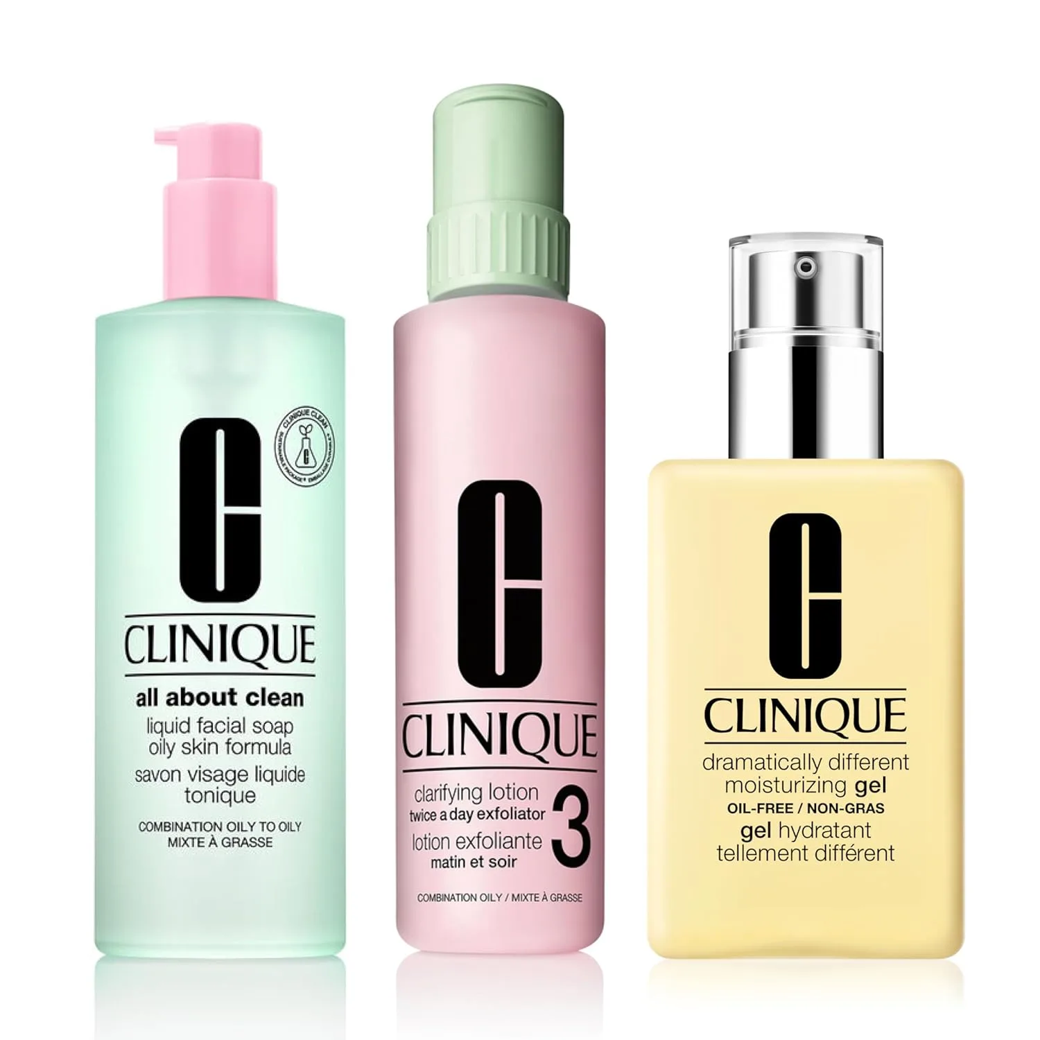 Набор Clinique 3-Step All About Clean: жидкое мыло для лица, очищающий лосьон-эксфолиант для лица и лосьон Dramatically Different Lotion+ для комбинированной и жирной кожи, большой размер., Clear/Off White