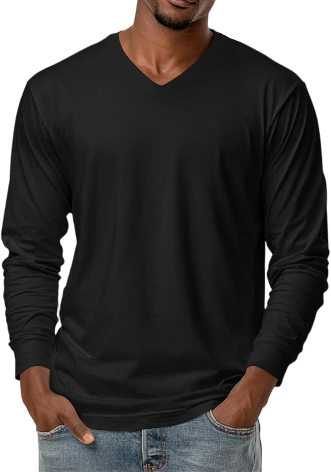 Мужская футболка с длинным рукавом, V-образный вырез, хлопок, 2-black, M-3XL