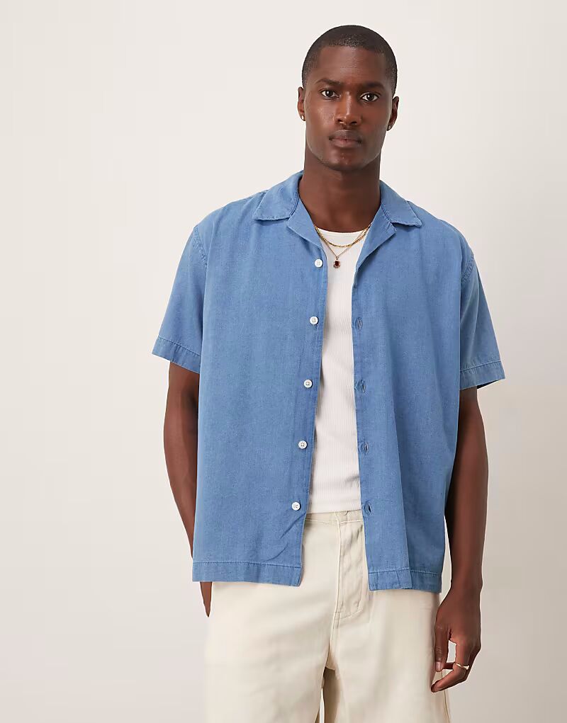 

Рубашка из отборного 100% хлопкового денима с воротником-стойкой, средне-синего цвета Selected