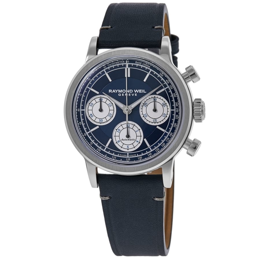 

Часы мужские Raymond Weil Millesime Automatic Chronograph с синим циферблатом и кожаным ремешком 7765-STC-50651