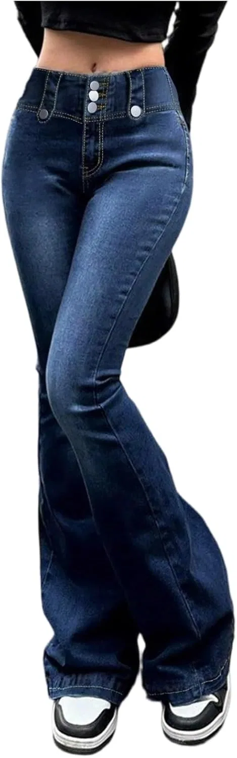 Джинсы клеш, Women's High Waisted Straight Leg Boyfriend Stretchy Jeans Trendy Bootcut Flare Bell Bottom Denim Pants, синий