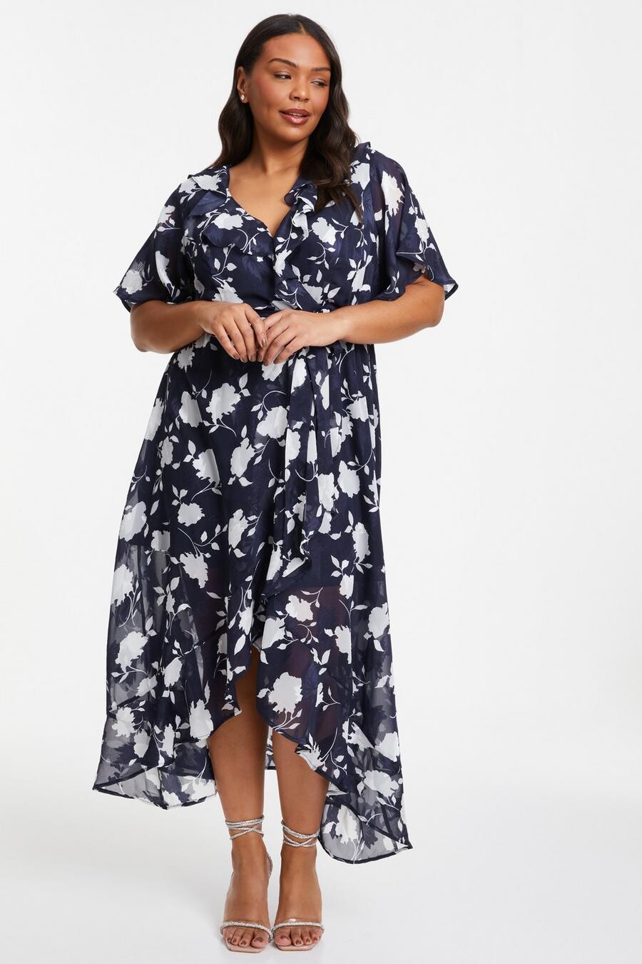 

Платье-халат Curve Navy с цветочным принтом и оборками QUIZ Clothing
