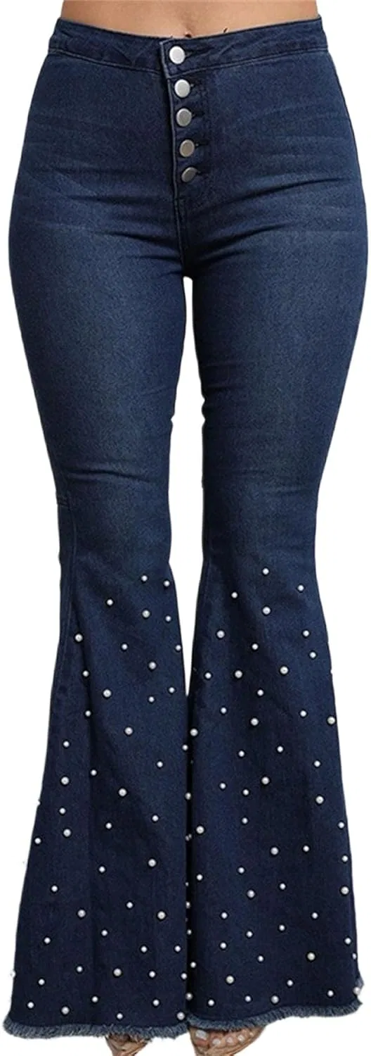 Джинсы клеш, с жемчугом, Dark Blue