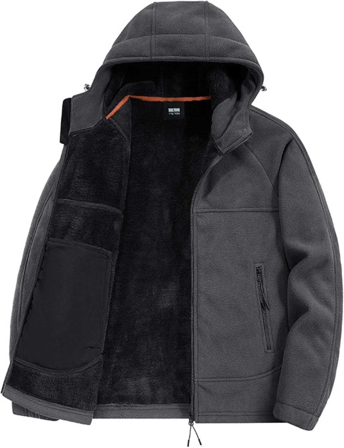Мужская утепленная куртка Polar Fleece для улицы, осень-зима, теплая, с подкладкой из флиса, с капюшоном и карманами на молнии Generic, темно-серый — фото 2