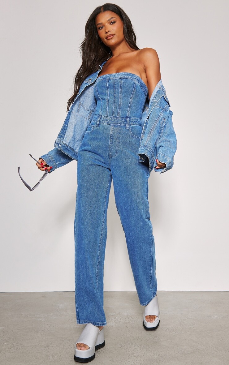 

PrettyLittleThing Синий джинсовый комбинезон-бандо синего цвета
