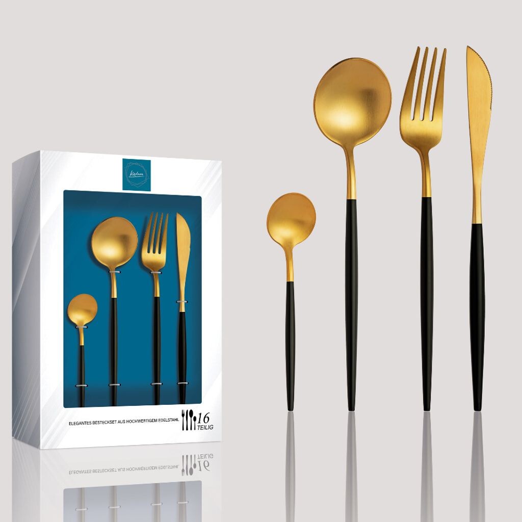 

Набор столовых приборов Kadum "Vannesn", 16 предметов, из матовой нержавеющей стали и столовых приборов золотого цвета с черной ручкой