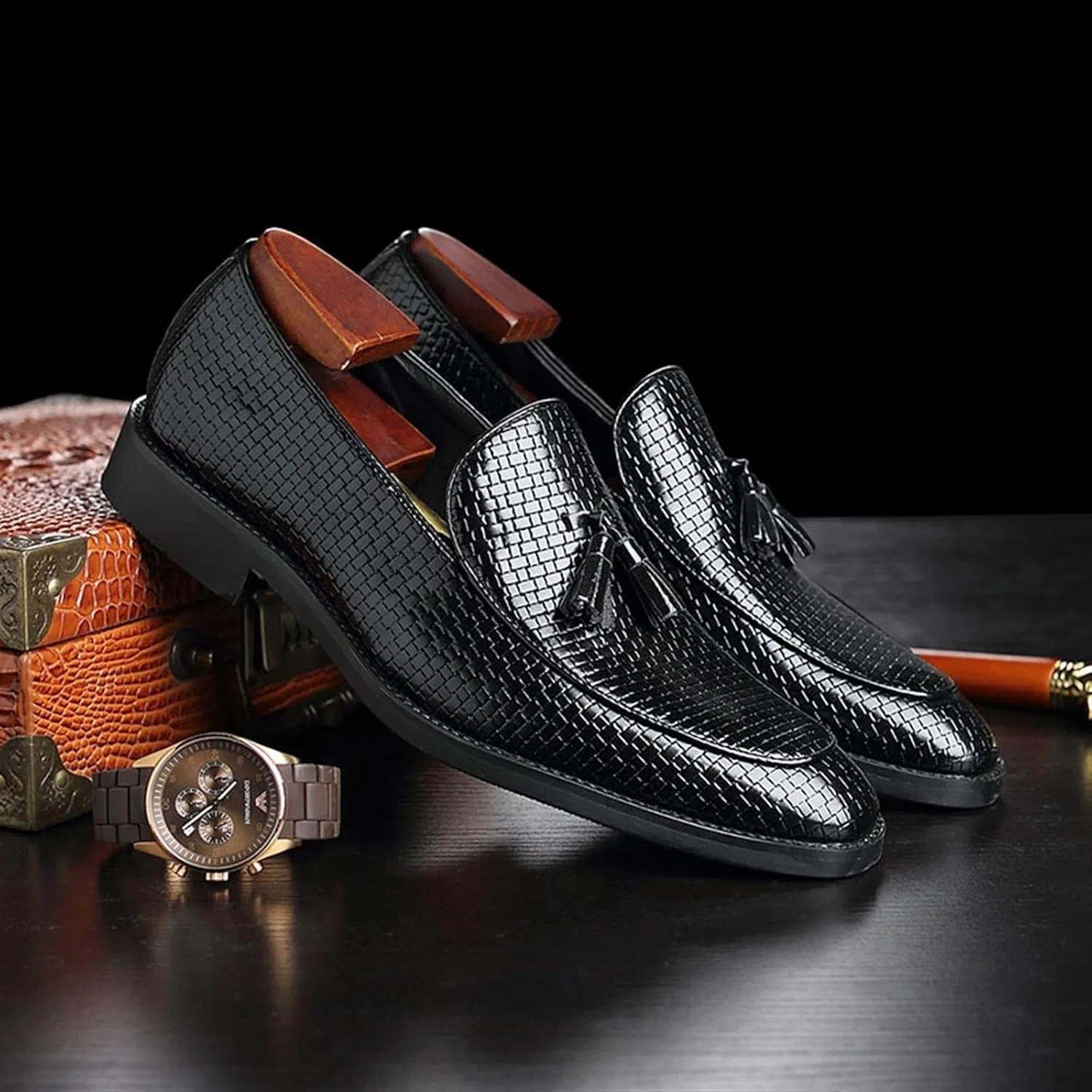 Лоферы мужские на slip-on, искусственная кожа, Black EXAMEEEU — фото 2