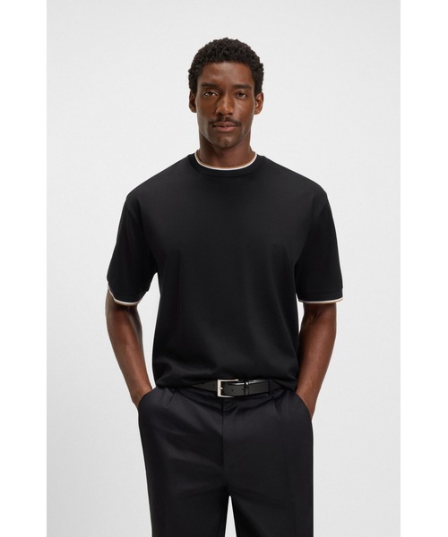 

Футболка из мерсеризованного хлопка с полосатыми манжетами BOSS, черный