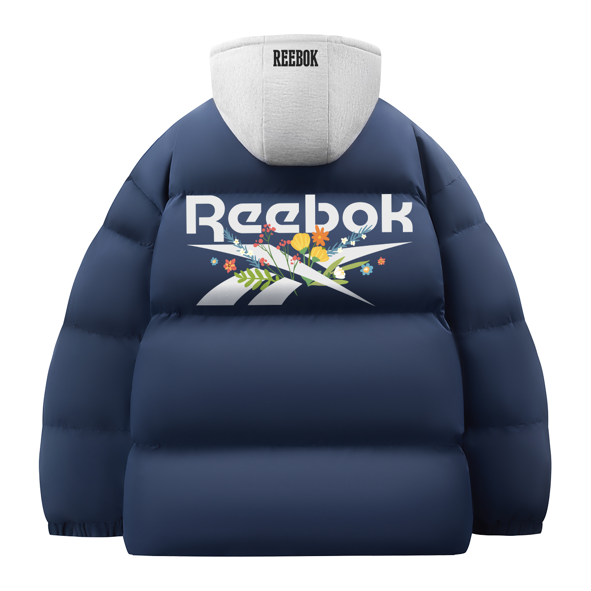 

Пуховик Unisex с отстегивающимся капюшоном, утепленный стеганый Reebok, темно синий with серый hood