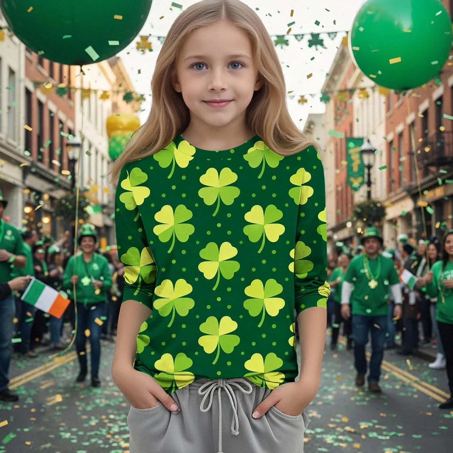 Детская футболка с принтом Shamrock, Zzalalana, 3/4 рукав, Green — фото 2