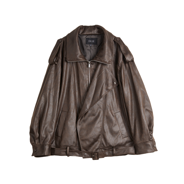 

ELLE Кожаная куртка женская Coffee Lapel Moderate Workwear