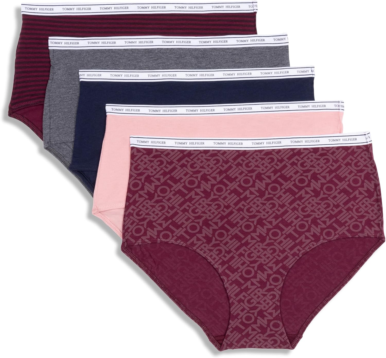 

Женские классические хлопковые трусы-слипы Tommy Hilfiger с логотипом на поясе, упаковка 5 пар, Th Print/Bridal Rose/Sky Captain/Charcoal/Windsor Stripe