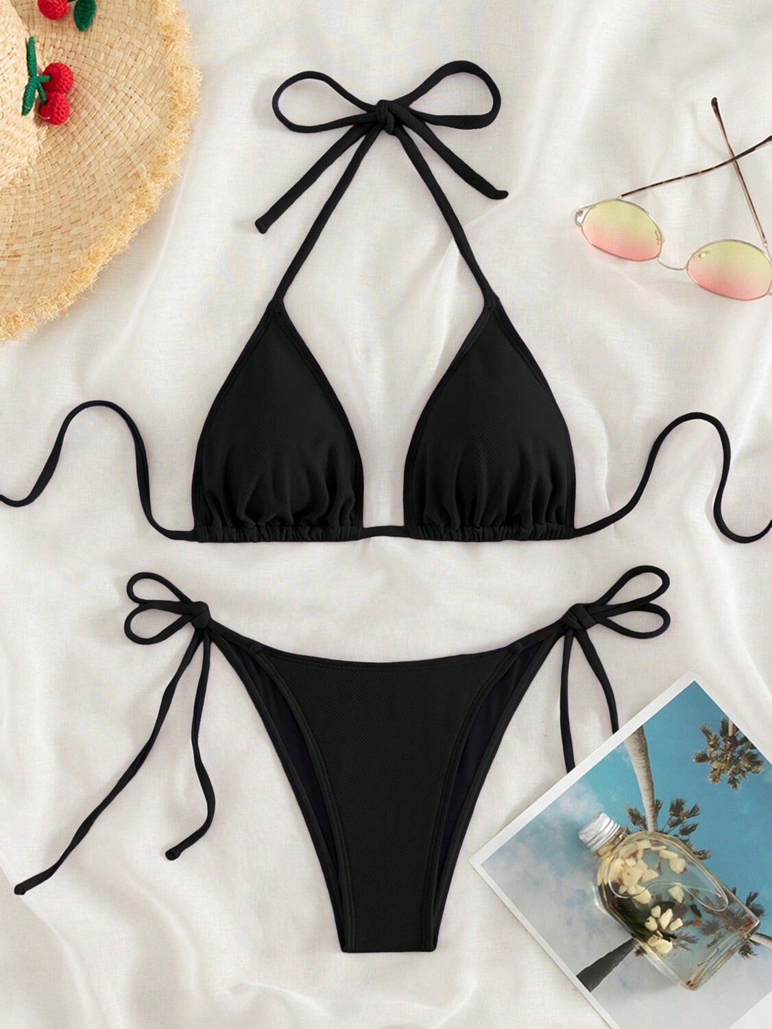 

SHEIN Купальник-бикини Swim, вырез-бретелька, треугольник, завязки по бокам, черный цвет
