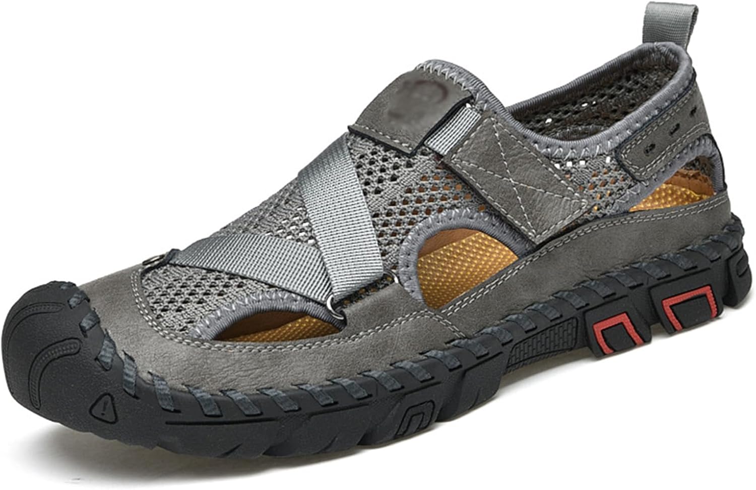 

Мужские сандалии XNGSNZIJ с закрытым носком, летние дышащие, комфортные кожаные сетчатые сандалии для пляжа с закрытым носком, водонепроницаемые, размер US-8.5, черный