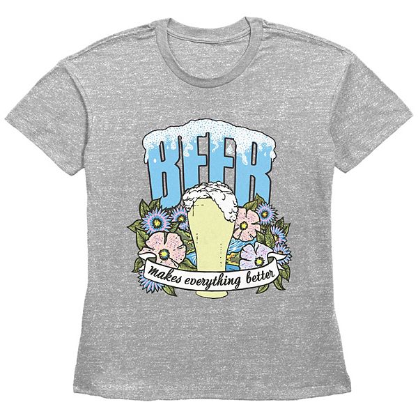 

Женская футболка с принтом Beer makes everything better basic fit Unbranded, Heather Gray