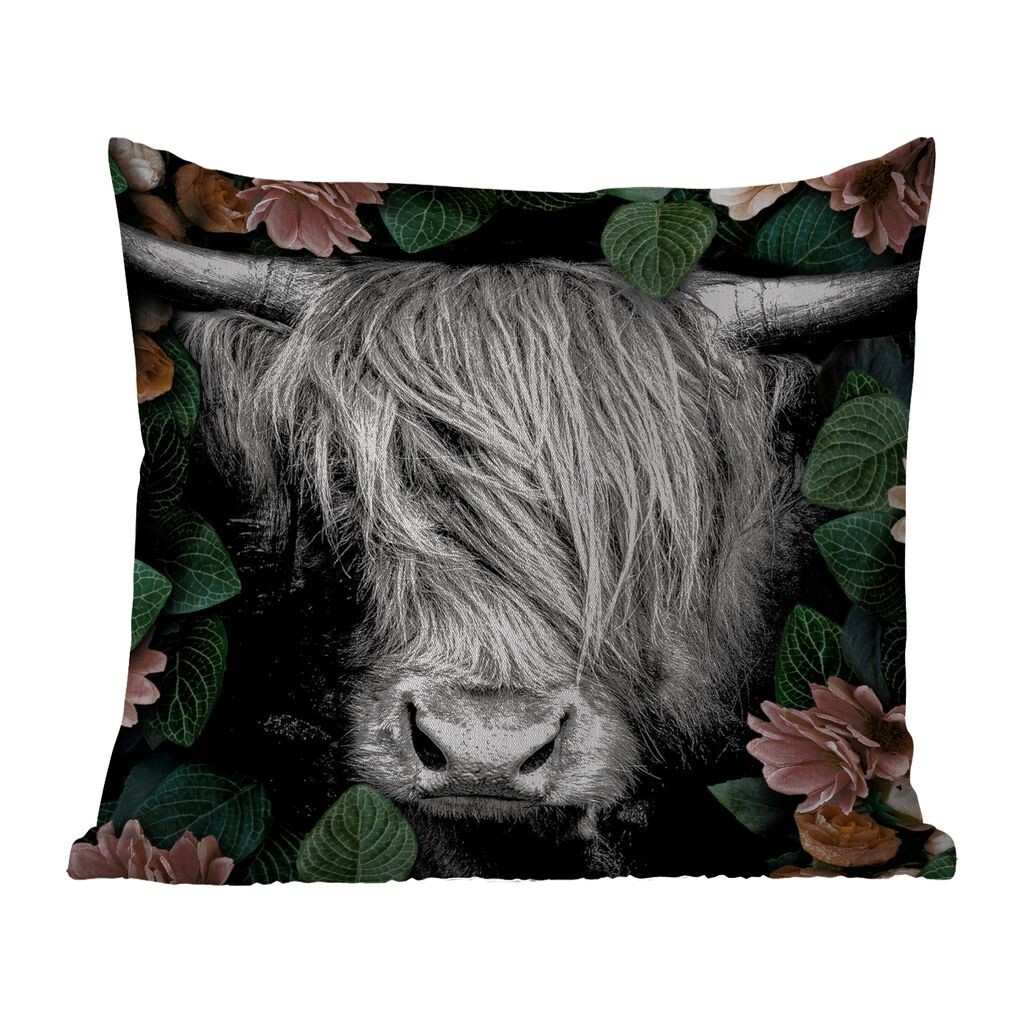 

Уличная подушка MuchoWow - Шотландский горец - Цветы - Черный - Белый - 50x50 см - Устойчивость к атмосферным воздействиям - Подушка для отдыха - Чехол на подушку - Хлопчатобумажная ткань - Декоративные наволочки, мультиколор