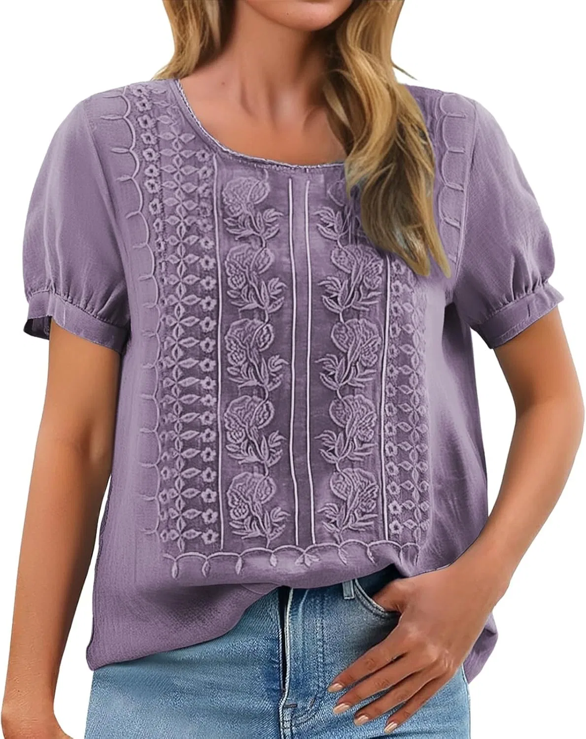 Блуза с коротким рукавом, вышивка, бренд Linen Shirts, фиолетовый