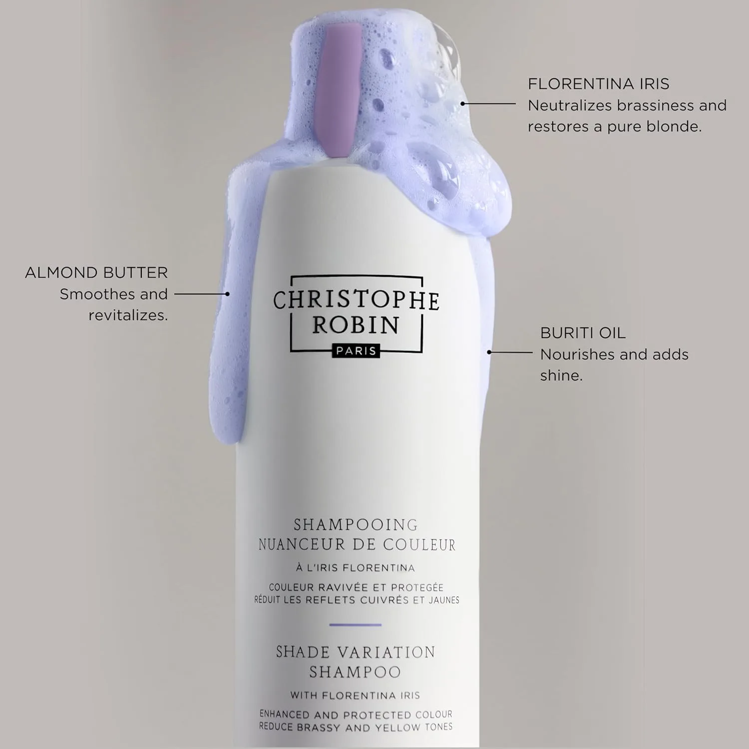 Christophe Robin Shade Variation Baby Blonde тонирующий фиолетовый шампунь с Florentina Iris, нейтрализует медные и желтые оттенки для блонда, мелирования и седых волос 500 мл, yellow — фото 3