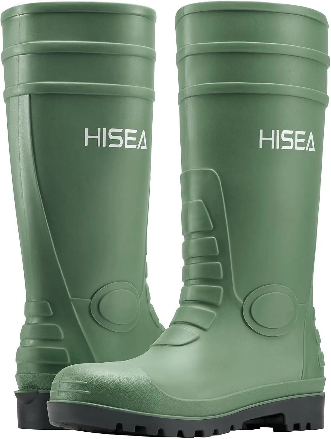 Мужские резиновые сапоги HISEA, водонепроницаемые, с металлической пластиной, бесшовные ПВХ, для работы и рыбалки, зеленые — фото 4