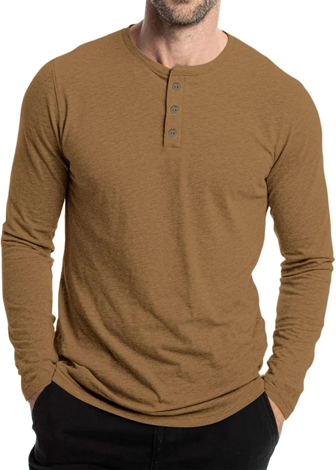 Летняя рубашка для мужчин, Long Sleeve Solid Color Henley, Casual — фото 2