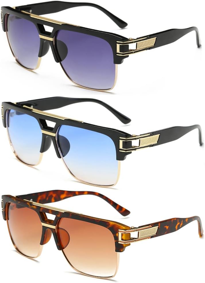 

Квадратные солнцезащитные очки Dollger для мужчин, классические большие солнцезащитные очки в стиле ретро, ​​полуободковая оправа из золотистого сплава, защита от УФ-излучения UV400, A6:3 Pack(blak,blue,tortoiseshell)