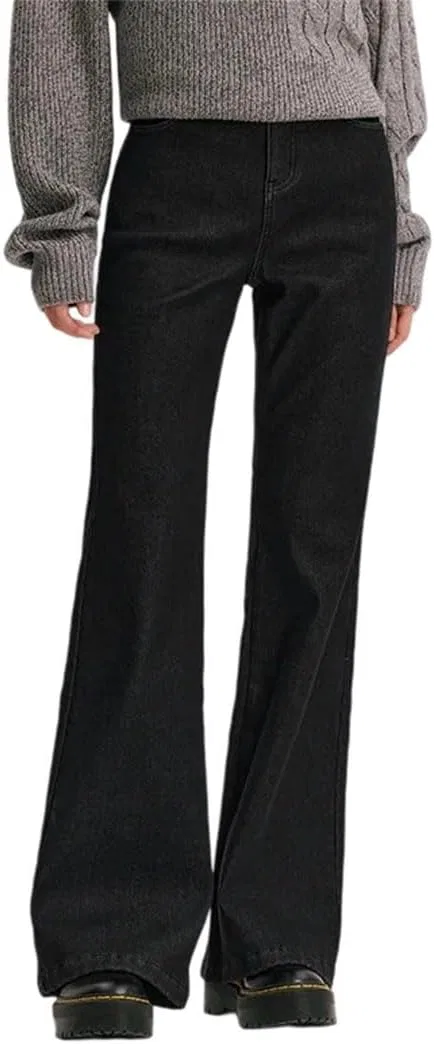 Джинсы утепленные, Women Warm Fleece Lined Floor Length Jeans Winter Flare Pants Leg Lengthening Cool Denim, Black