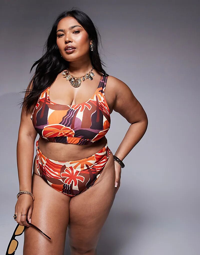 

Плавки-бикини Curve Ava с высокой талией и высоким вырезом на бедрах ASOS DESIGN с тропическим принтом Asos Curve