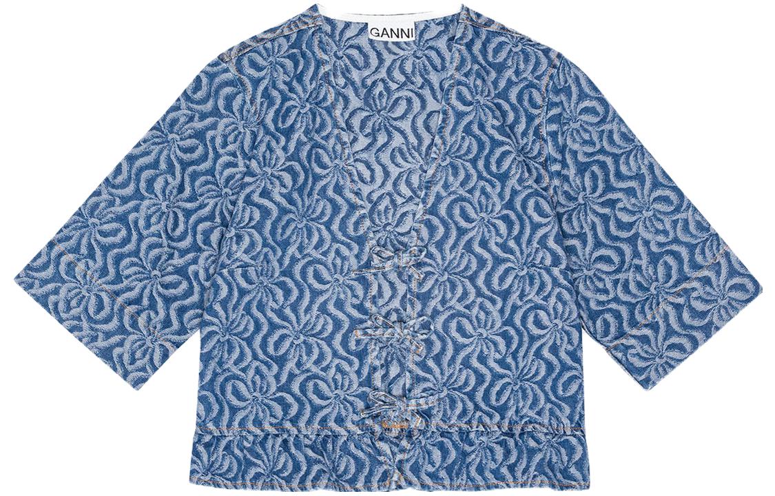 

GANNI Джинсовая блузка-рубашка Acquard Denim с воланами и завязками, женская, синяя