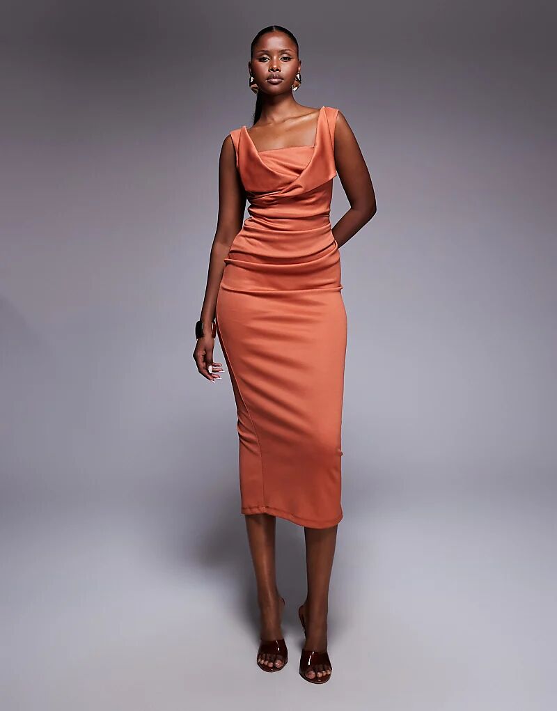 

Платье-футляр миди с квадратным вырезом и складками на груди ASOS DESIGN цвета ржавчины