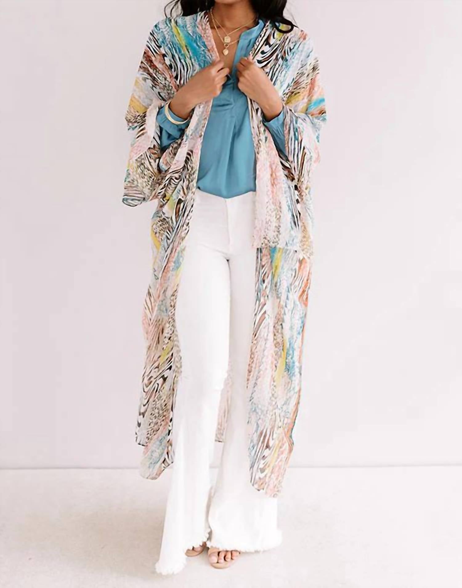 

Кабана Бич кимоно в персиковом и бирюзовом цветах Umgee