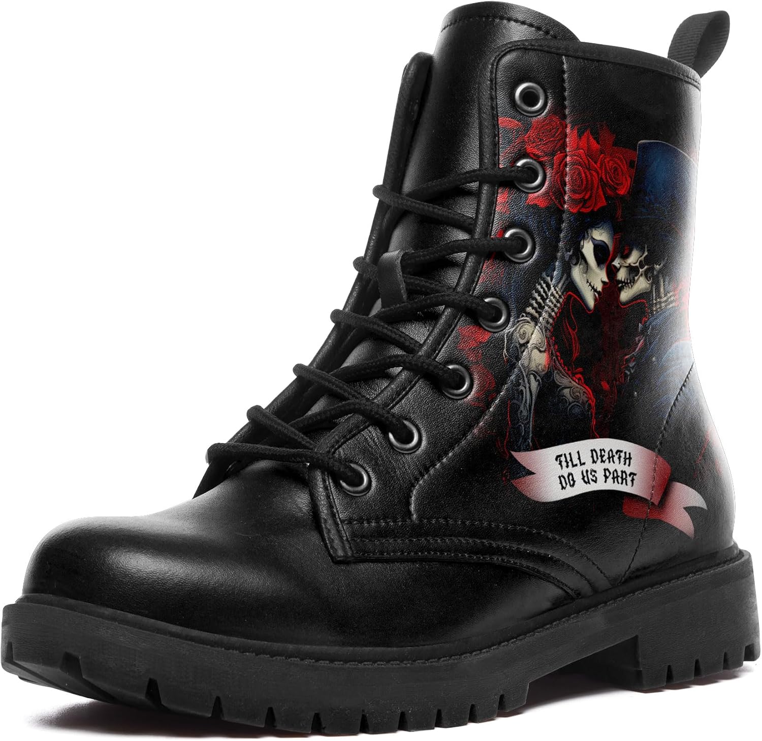 

Унисекс готические панк-бутсы с черепом и розой, кожаные ботильоны на шнуровке для косплея, походов, мотоцикла и повседневной носки AWSOLE, Roses Red Black