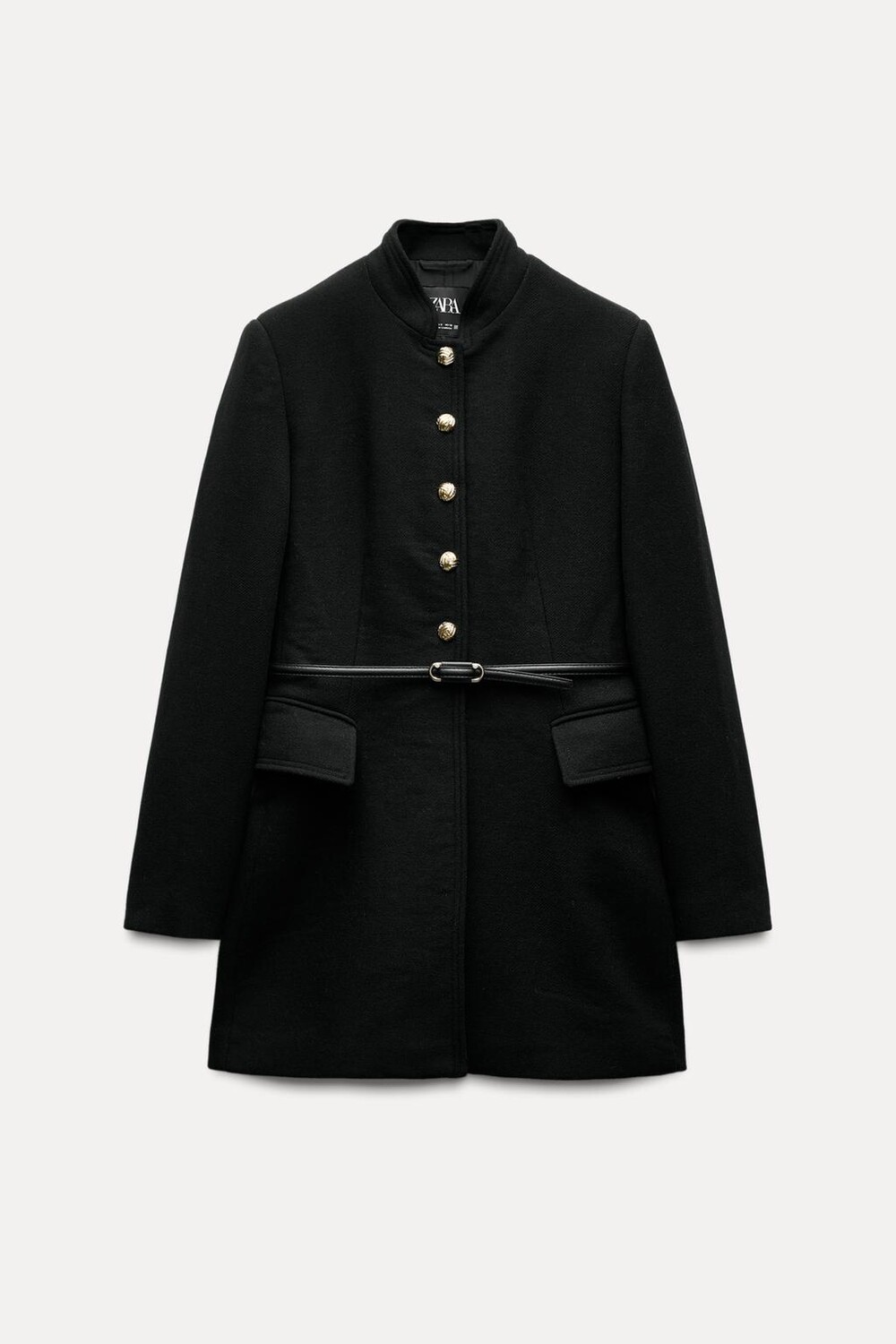 

Пальто из шерстяной смеси с поясом ZARA, черный