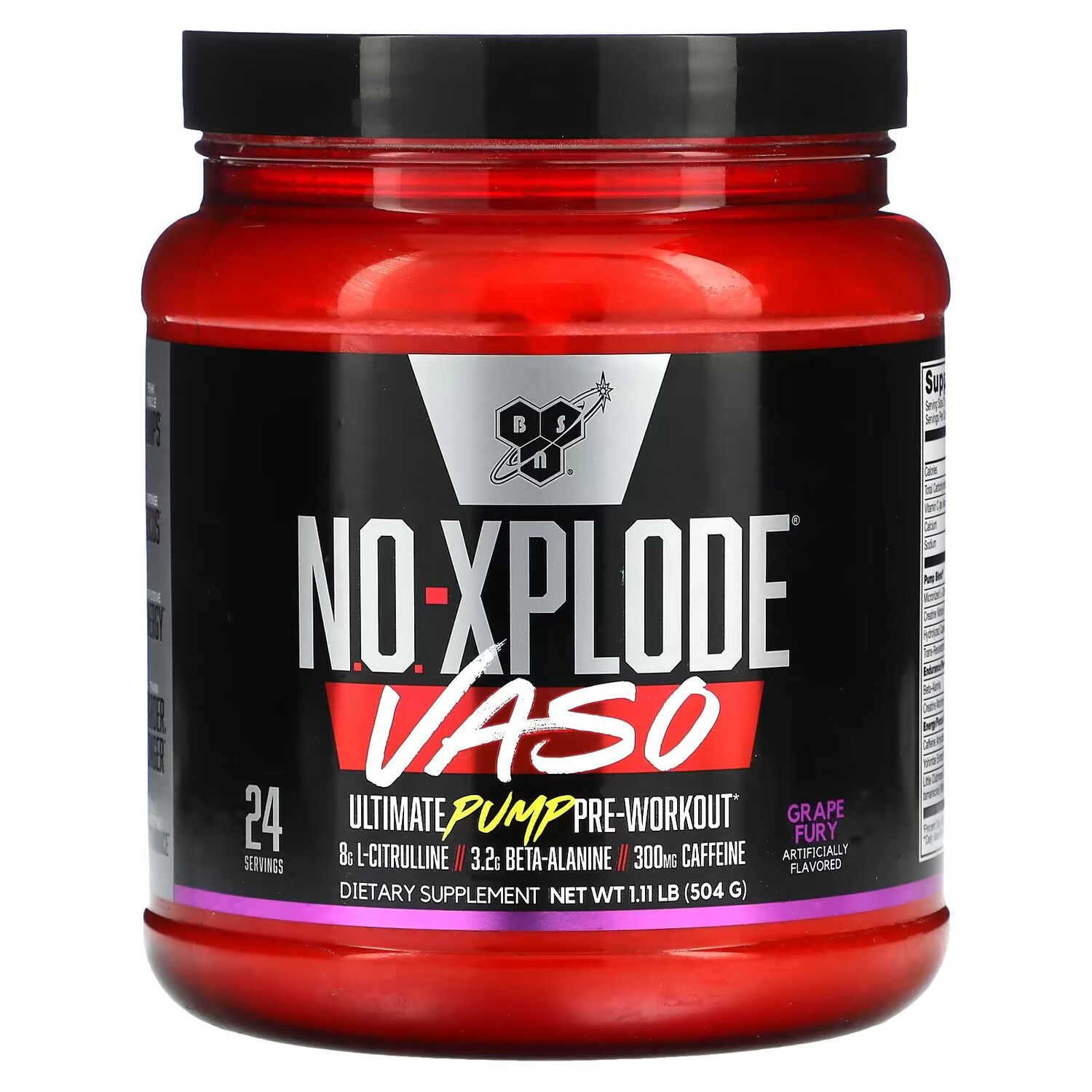 

No-Xplode VASO, Предтренировочный комплекс Ultimate Pump, Grape Fury, 1,11 фунта (504 г) Bsn
