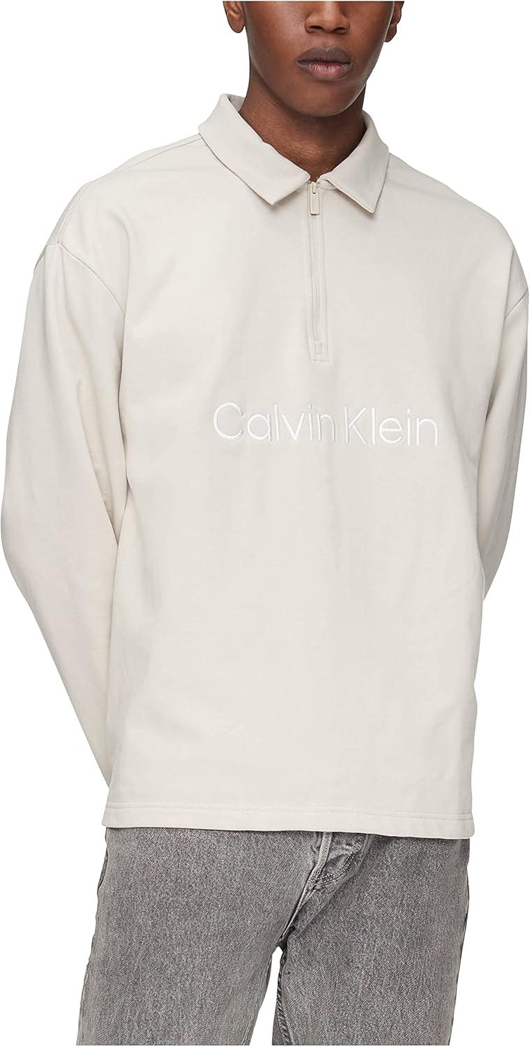 

Мужская рубашка-поло Calvin Klein свободного кроя с длинным рукавом и логотипом из французского трикотажа, Unbleached