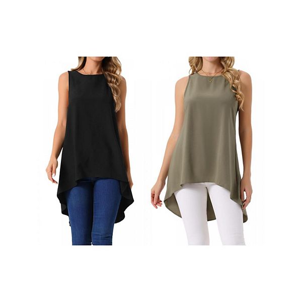 

2 упаковки женской повседневной блузки с асимметричным подолом sleeveless crewneck Inspire Chic, Black Dark Olive Green