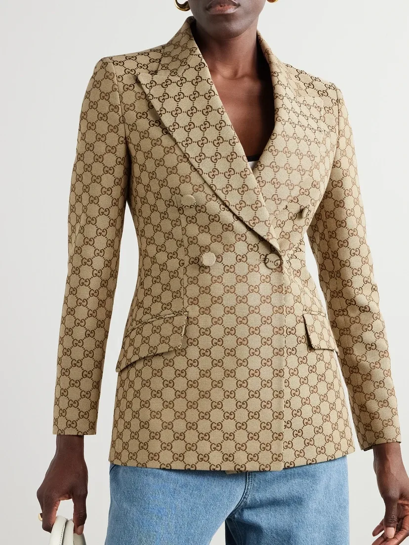Пиджак Gucci Двубортный жаккардовый из хлопковой смеси канваса, классический крой, бежевый — фото 3