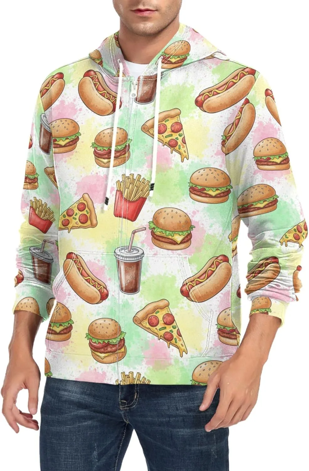 

Мужская толстовка с капюшоном на молнии, принт Fast Food, с карманом CUPADA