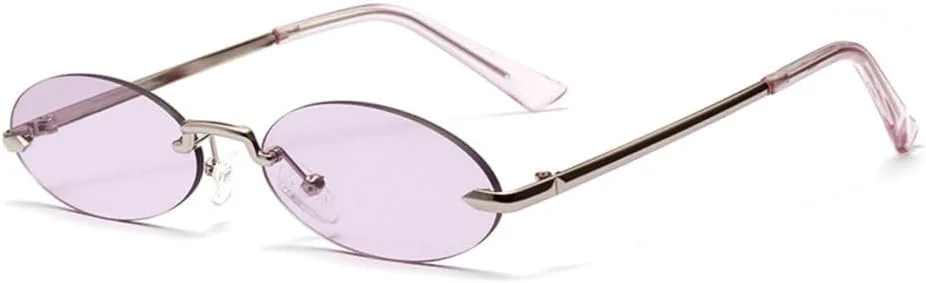 

Солнцезащитные очки в стиле ретро без оправы, маленькие овальные, для женщин, 2027 год, металлические линзы, прозрачные розовые линзы MTZJH, Silver-purple