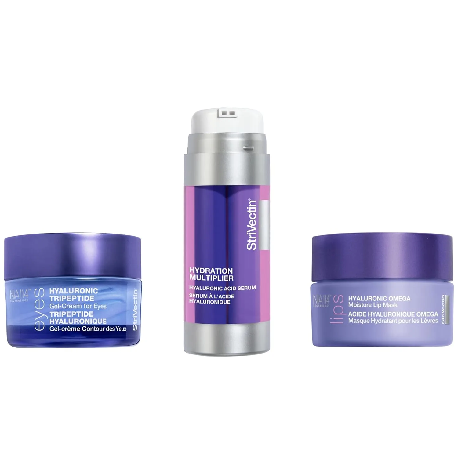 StriVectin Hyaluronic Bundle, сыворотка Multi Action Hydration Multiplier, крем-гель для глаз Advanced Acids Hyaluronic Tripeptide, бальзам для губ Advanced Acids Hyaluronic Omega Moisture